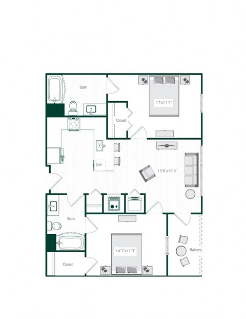 Floor plan for 2 beds, 2 baths, 956 sqft